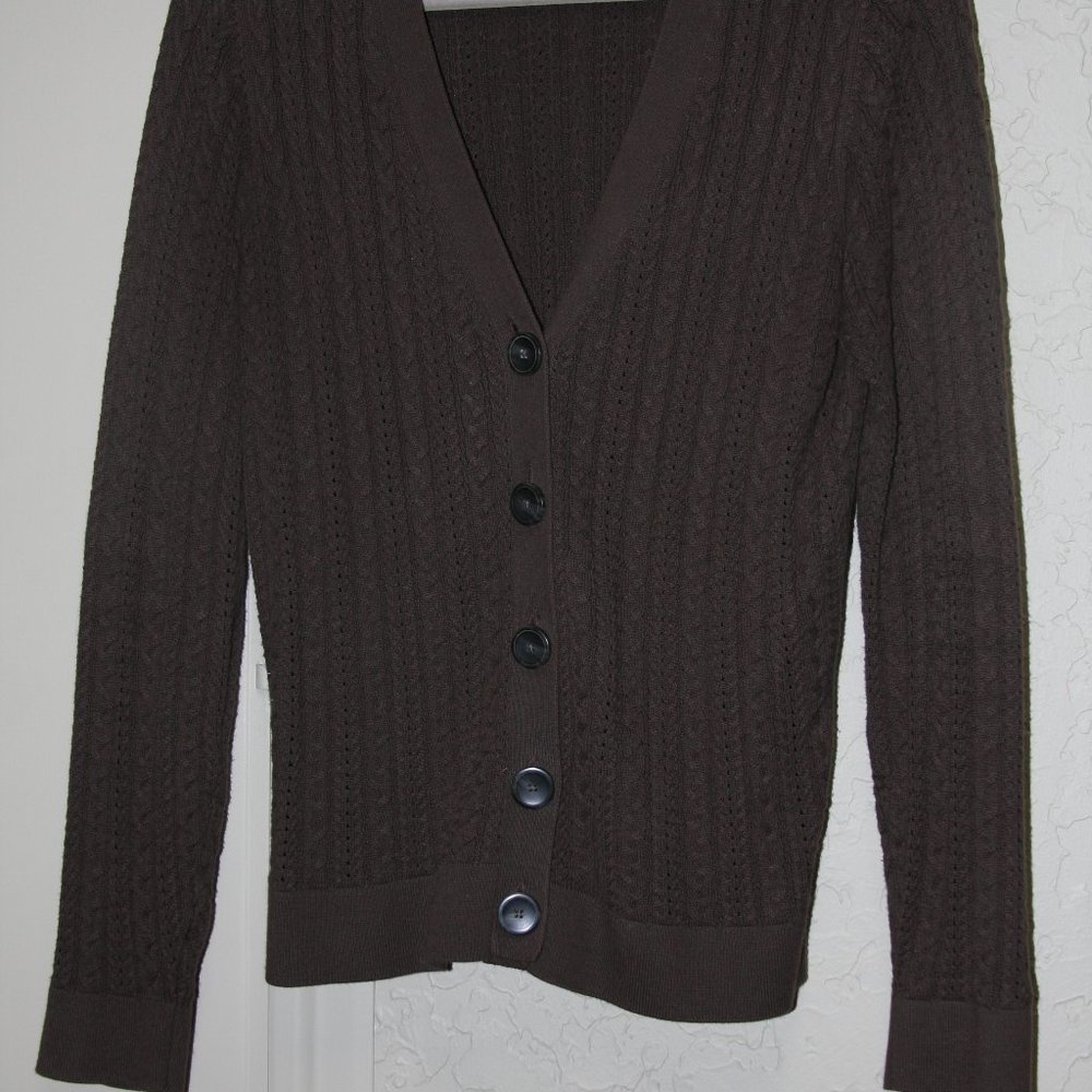 Fudge brown V-neck button front cardigan sweater